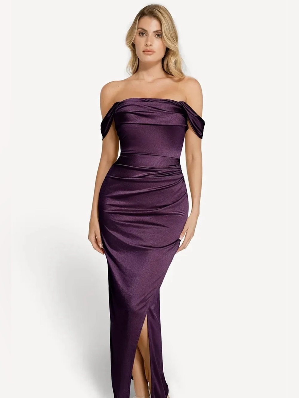 Shapewear Off Shoulder Shine Ruched Sculpting Maxi Dress